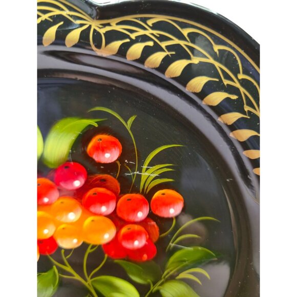 Russian Zhostovo ToleWare art Plate set Flowers Colorful Gold SIGNED folk art - Picture 6 of 11